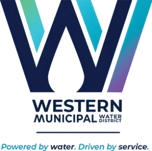 Western Municipal Water District logo with a blue 'W' symbol and tagline "Powered by water. Driven by service."