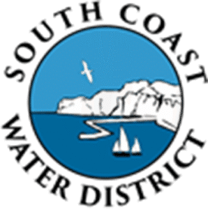 South Coast Water District logo: blue circle with coastline, ocean, sailboats, and bird.