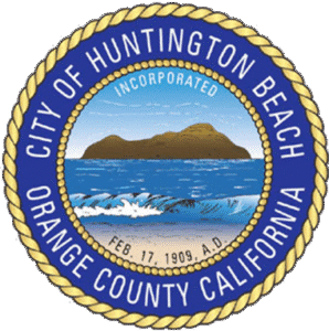 City of Huntington Beach, California seal with ocean, beach, and island scenery. Incorporated Feb. 17, 1909.