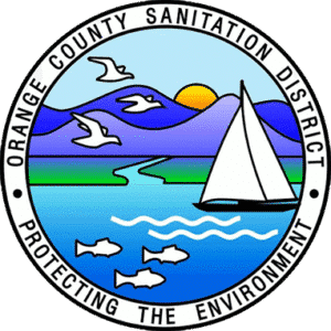 Orange County Sanitation District seal: sailboat, birds, fish, sun, mountains, water. Protecting the environment.
