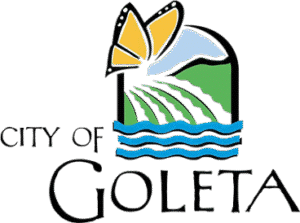 City of Goleta logo: Butterfly above arched landscape with fields and water.