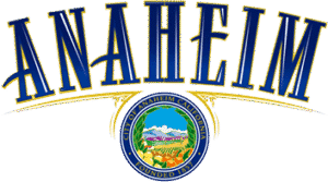 Anaheim, California city logo featuring arched blue text "ANAHEIM" over a circular emblem with "CITY OF ANAHEIM CALIFORNIA FO