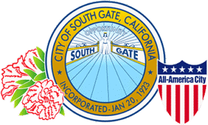 Emblem of South Gate, California, featuring a city gate, flowers, and "All-America City" seal.