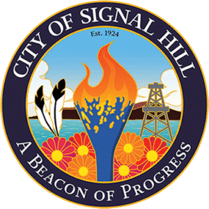 Signal Hill City Seal: Torch, oil derrick, flowers, feathers, and water, with "City of Signal Hill, Est. 1924, A Beacon of Pr