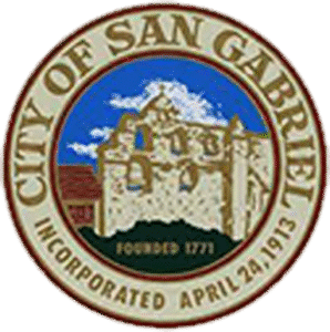 Seal of the City of San Gabriel, featuring a historic building and founding dates.