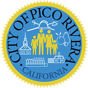 City of Pico Rivera seal with family, church, aircraft, and crops