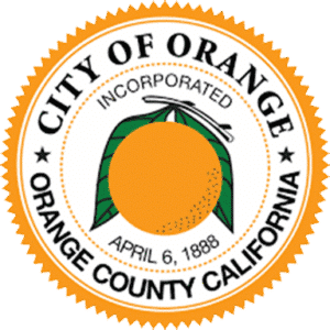 City of Orange, California seal with an orange, leaves, and "Incorporated April 6, 1888"