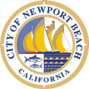 City of Newport Beach, California seal with sailboats, fish, and waves.