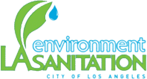 LA Sanitation Environment City of Los Angeles logo with green leaf and blue water drop.
