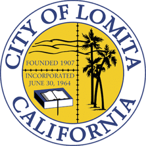 City of Lomita, California seal with palm trees, a book, and founding dates.