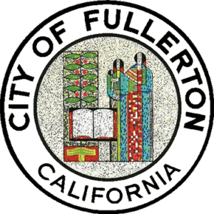 City of Fullerton, California official seal featuring a mosaic of a book and two figures.