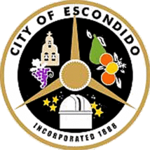 City of Escondido seal with grapes, fruit, stars, observatory, and building, incorporated 1888.