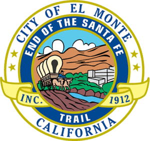 City of El Monte seal with wagon, mountains, and "End of the Santa Fe Trail California 1912"