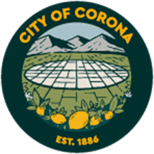 City of Corona seal with lemons, mountains, and agricultural fields.